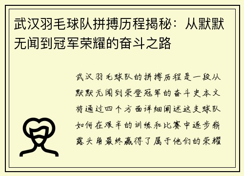 武汉羽毛球队拼搏历程揭秘：从默默无闻到冠军荣耀的奋斗之路