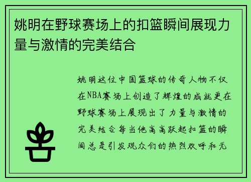 姚明在野球赛场上的扣篮瞬间展现力量与激情的完美结合