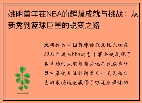姚明首年在NBA的辉煌成就与挑战：从新秀到篮球巨星的蜕变之路